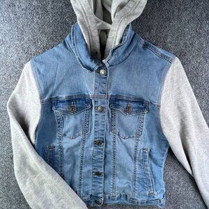 Wax Jean Denim Jacket Blue Gray Womens Large Stretch Buttons Long Sleeve Hooded